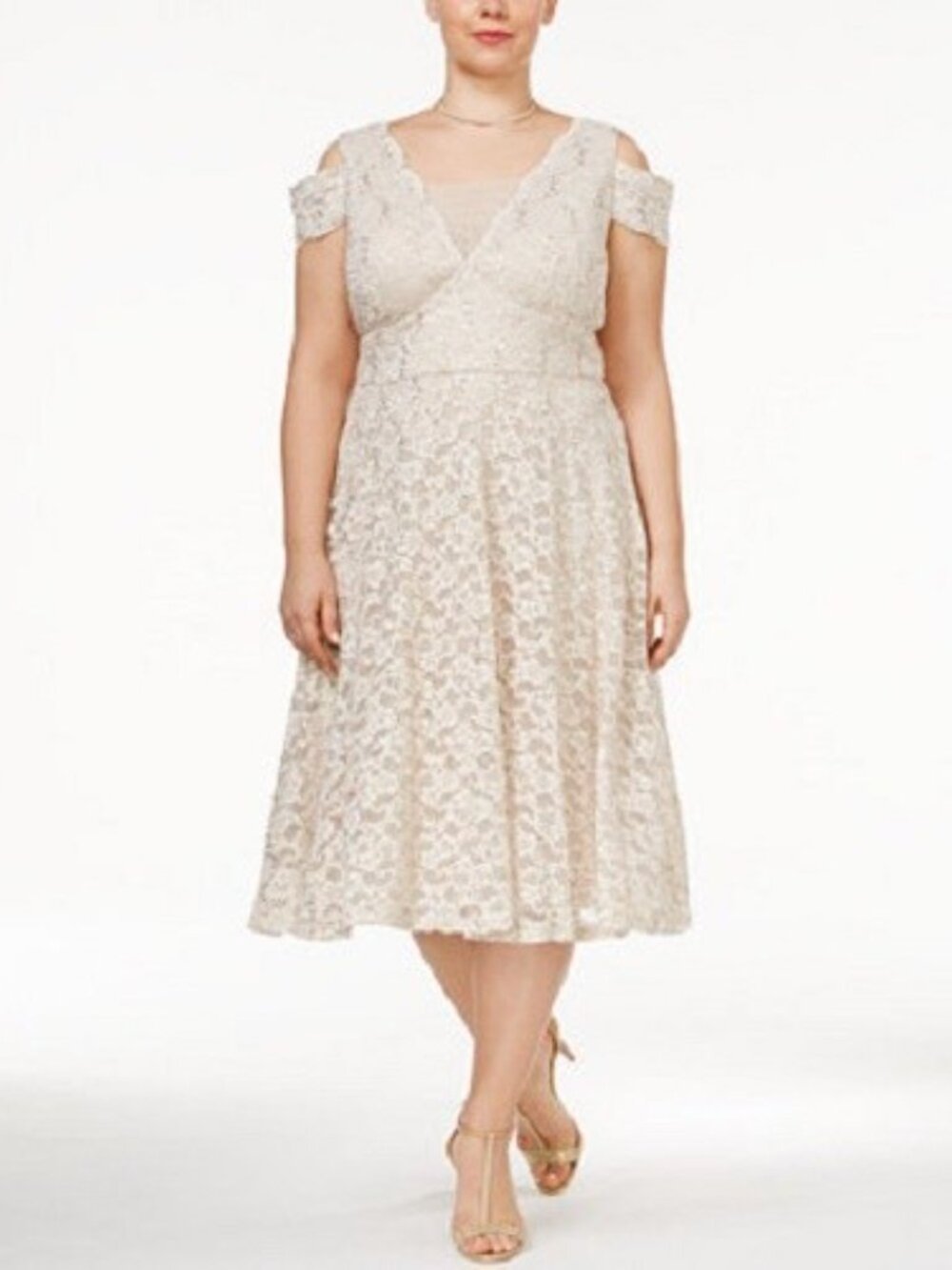 R&M Richards Champagne Sequin Lace Dress with Cold-Shoulder Sleeves Sz 14